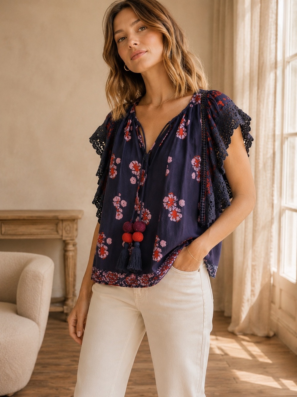 Sea New York Floral Ruffle Sleeve Blouse Navy Red Tassel Tie Size 2